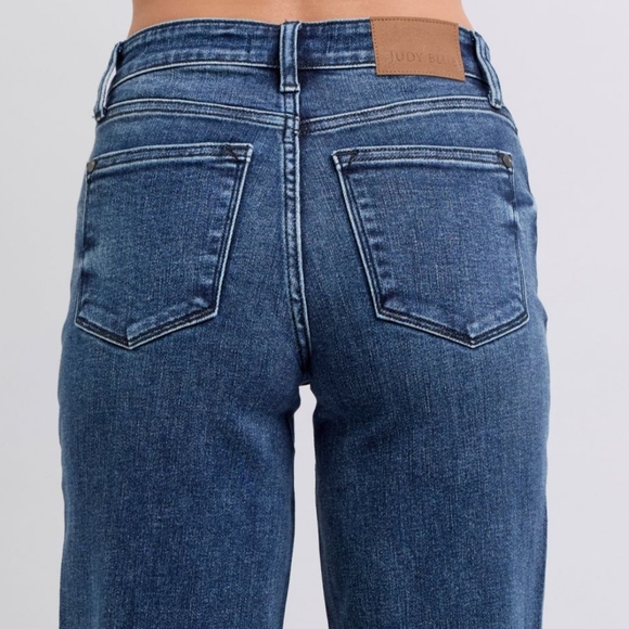 Judy Blue Mid-Rise Straight Leg Boyfriend Relaxed Jeans Raw Hem Denim Pants - Picture 7 of 16